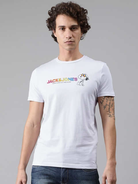 

Jack Jones Men White Peanuts Printed Round Neck Pure Cotton T-shirt