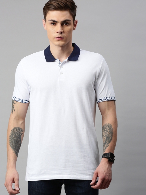 

Jack Jones Men White Solid Pure Cotton T-shirt With Contrast Collar