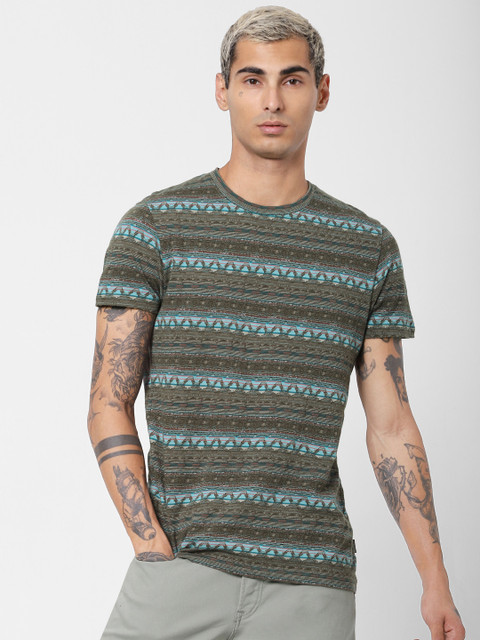 

Jack & Jones Men Olive Green & Blue Printed Round Neck Sustainable T-shirt