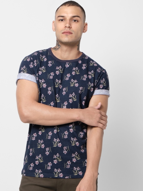 

Jack & Jones Men Navy Blue & Pink Printed Round Neck T-shirt