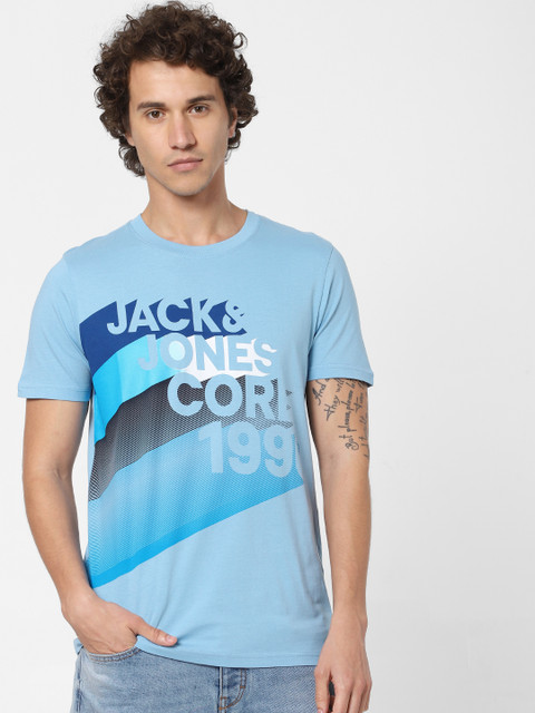 

Jack Jones Men Blue Printed Round Neck Pure Cotton T-shirt