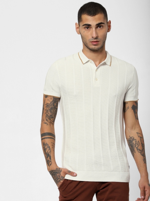 

Jack Jones Men Off-White Slim Fit Self Design Knitted Polo Collar Pure Cotton T-shirt