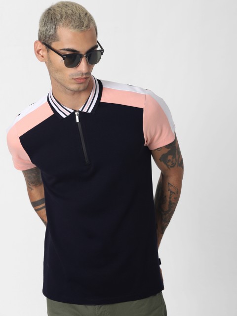

Jack & Jones Men Navy Blue & Pink Colourblocked Polo Collar T-shirt