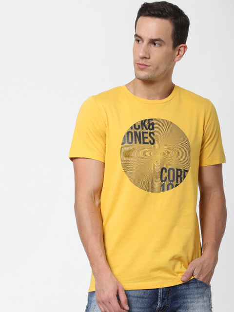 

Jack Jones Men Mustard Yellow Printed Slim Fit Round Neck Sustainable Pure Cotton T-shirt