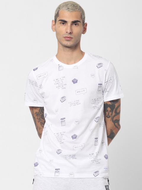 

Jack Jones Men White Blue Slim Fit Printed Round Neck Sustainable Pure Cotton T-shirt