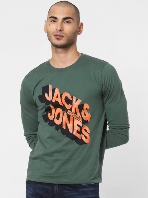 

Jack Jones Men Olive Green Slim Fit Printed Round Neck Pure Cotton T-shirt