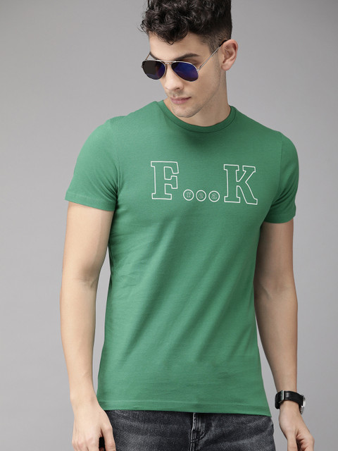 

Jack Jones Men Green Printed Slim Fit Round Neck Pure Cotton T-shirt