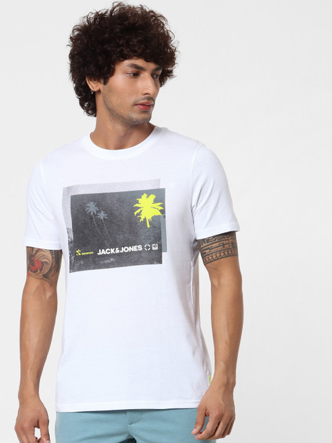 

Jack Jones Men White Grey Tropical Printed Round Neck Sustainable Pure Cotton T-shirt