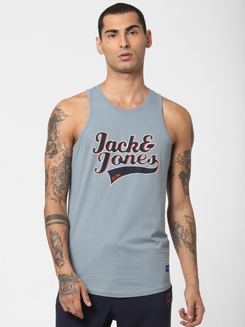 

Jack Jones Men Blue Slim Fit Longline Printed Round Neck Pure Cotton T-shirt