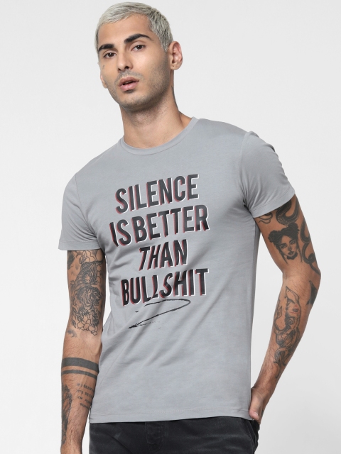 

Jack Jones Men Grey Slim Fit Printed Round Neck Pure Cotton T-shirt