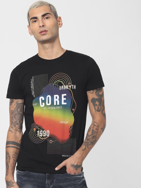 

Jack Jones Men Black Printed Round Neck Slim Fit Sustainable Pure Cotton T-shirt