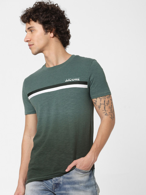 

Jack & Jones Men Green & White Striped Round Neck T-shirt