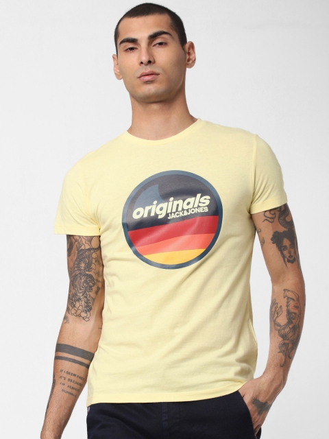 

Jack Jones Men Yellow Slim Fit Printed Round Neck Pure Cotton T-shirt