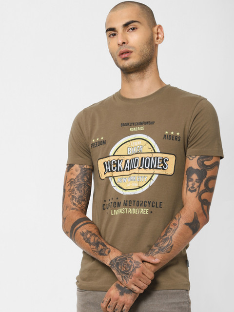 

Jack Jones Men Brown Slim Fit Printed Round Neck Pure Cotton T-shirt