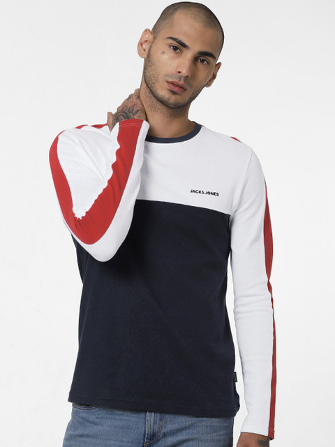 

Jack & Jones Men Navy Blue & White Colourblocked Core Slim Fit Round Neck T-shirt