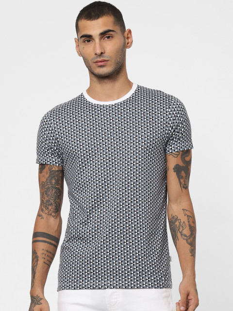 

Jack & Jones Men White & Grey Printed Round Neck Slim Fit T-shirt