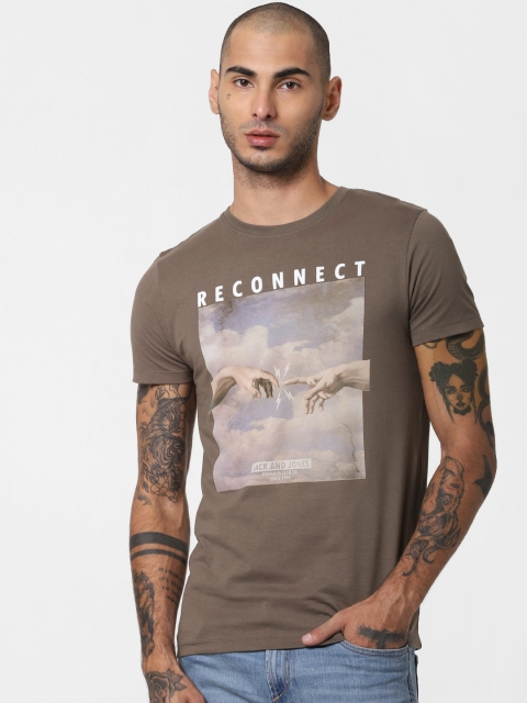 

Jack Jones Men Grey Beige Slim Fit Printed Round Neck Pure Cotton T-shirt