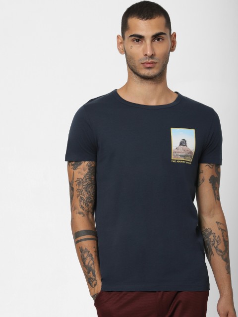 

Jack Jones Men Navy Blue Printed Slim Fit Round Neck Pure Cotton T-shirt