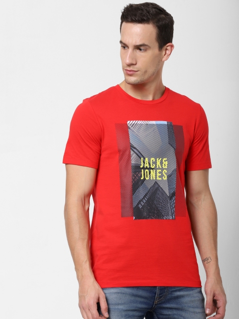 

Jack Jones Men Red Slim Fit Printed Round Neck Sustainable Pure Cotton T-shirt