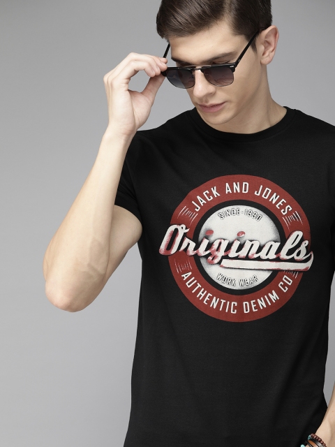 

Jack Jones Men Black Slim Fit Printed Round Neck Pure Cotton T-shirt