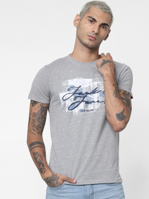 

Jack & Jones Men Grey Melange Printed Slim Fit Round Neck T-shirt