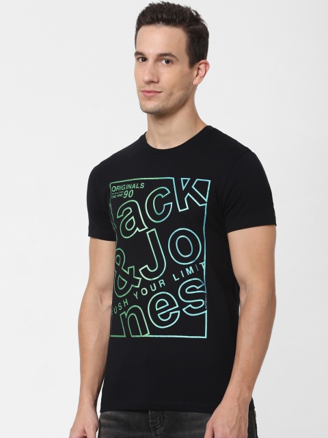 

Jack Jones Men Black Slim Fit Printed Round Neck Pure Cotton T-shirt