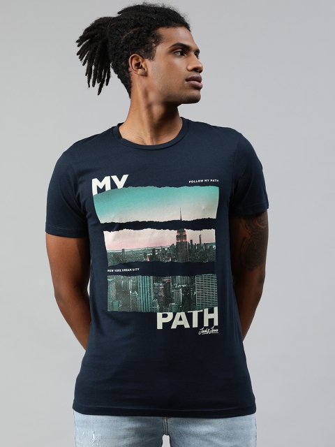 

Jack Jones Men Navy Blue Printed Round Neck Pure Cotton T-shirt