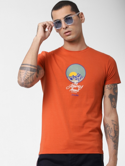 

Jack Jones Men Orange Printed Slim Fit Round Neck Pure Cotton T-shirt