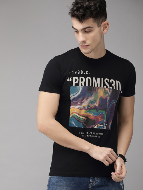 

Jack Jones Men Black Slim Fit Printed Round Neck Pure Cotton T-shirt