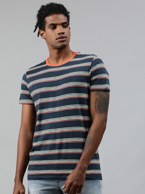 

Jack Jones Men Navy Blue White Striped Round Neck Pure Cotton T-shirt