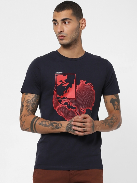 

Jack Jones Men Navy Blue Red Slim Fit Printed Round Neck Pure Cotton T-shirt
