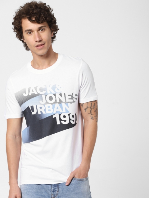 

Jack Jones Men White Printed Round Neck Pure Cotton T-shirt