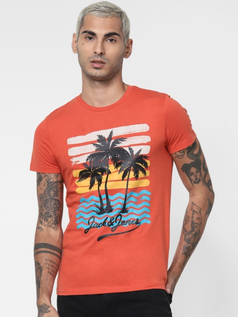 

Jack Jones Men Rust Red Printed Round Neck Pure Cotton T-shirt