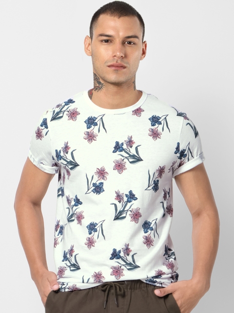 

Jack & Jones Men White & Blue Floral Printed Round Neck T-shirt