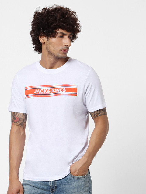 

Jack Jones Men White Printed Round Neck Slim Fit Sustainable Pure Cotton T-shirt
