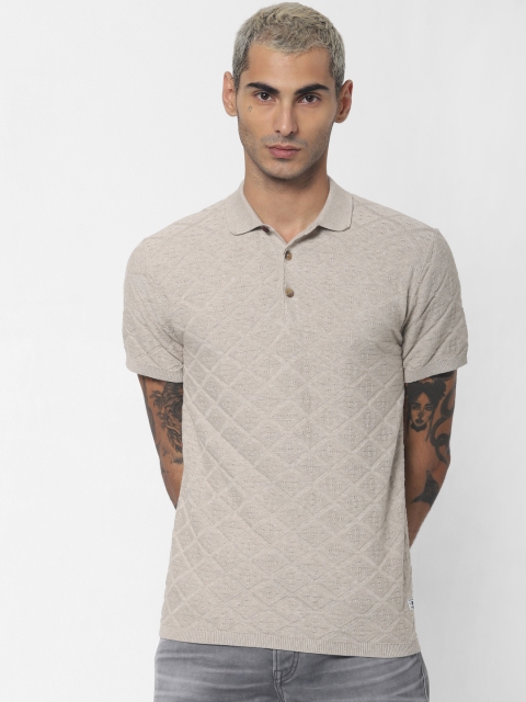 

Jack Jones Men Beige Self-Design Polo Collar Pure Cotton T-shirt