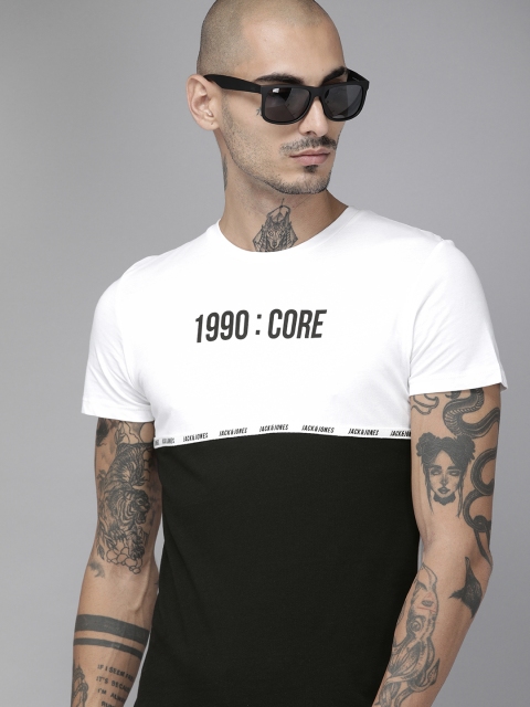 

Jack Jones Men Black White Colourblocked Sustainable Pure Cotton T-shirt