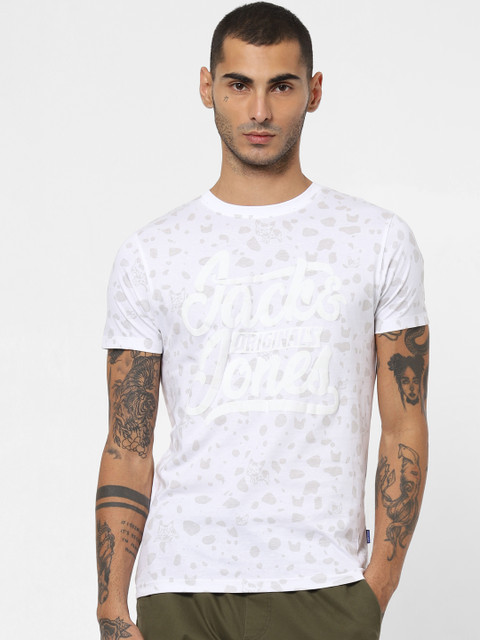 

Jack & Jones Men White & Grey Melange Slim Fit Printed Round Neck T-shirt