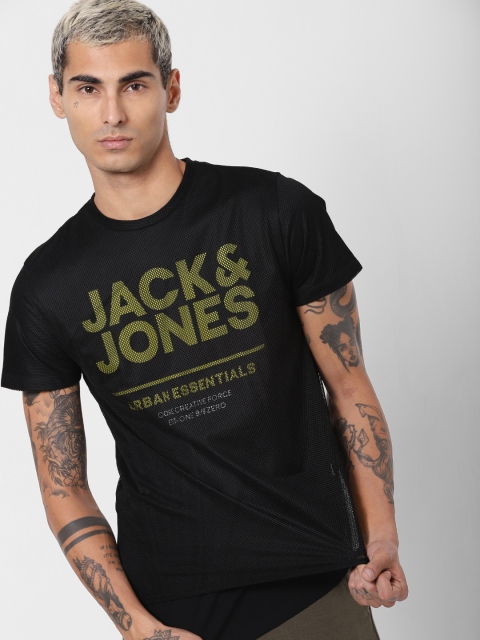 

Jack & Jones Men Black Brand Logo Printed Slim Fit Round Neck Net Sustainable T-shirt