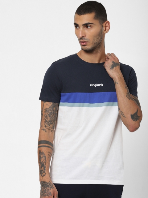 

Jack & Jones Men White & Navy Blue Colourblocked Slim Fit Round Neck T-shirt