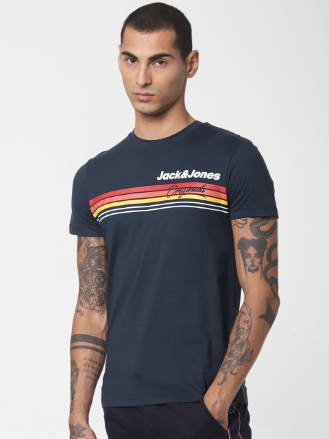 

Jack Jones Men Navy Blue Yellow Striped Slim Fit Round Neck Pure Cotton T-shirt