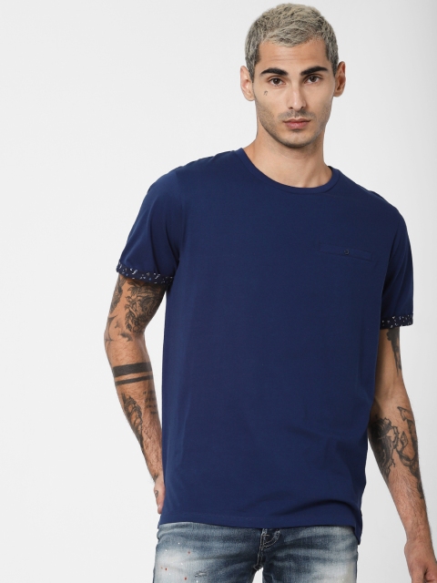 

Jack Jones Men Navy Blue Solid Round Neck Pure Cotton T-shirt with Pocket