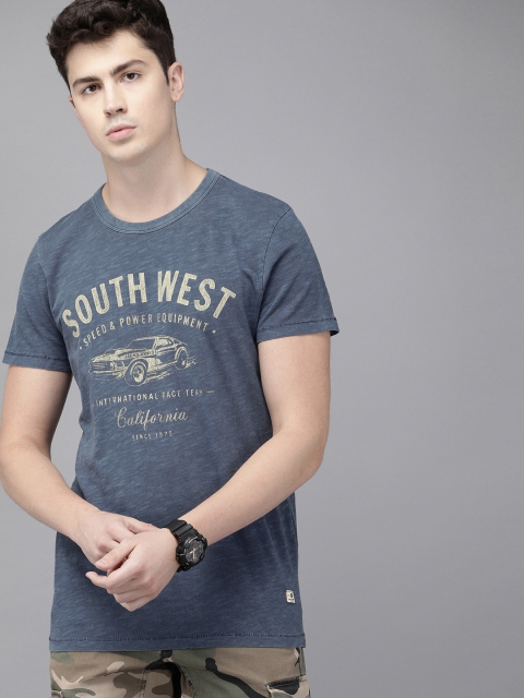 

Jack & Jones Men Blue Printed Round Neck Slim Fit T-shirt