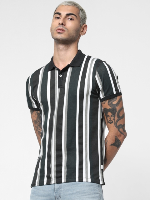 

Jack Jones Men Navy Blue White Regular Fit Striped Polo Collar Pure Cotton T-shirt