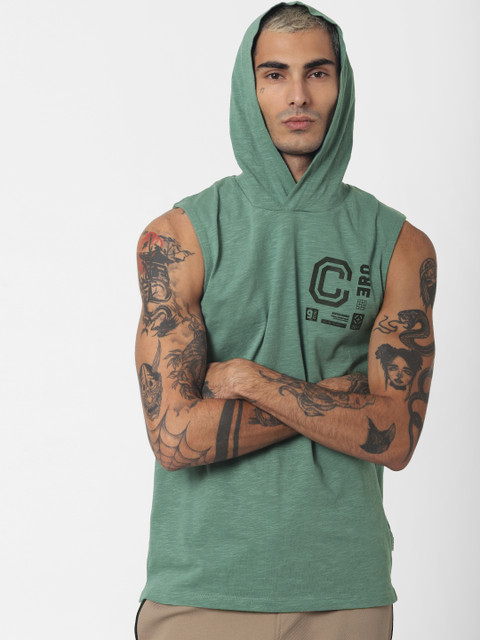 

Jack Jones Men Green Printed Hood Sustainable Pure Cotton T-shirt