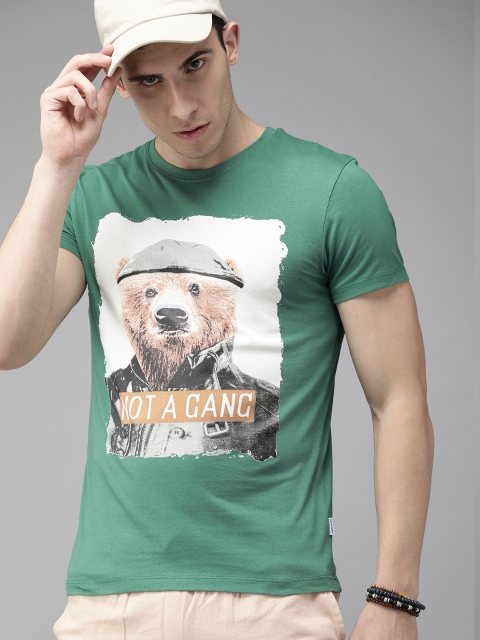 

Jack Jones Men Green Slim Fit Printed Round Neck Pure Cotton T-shirt