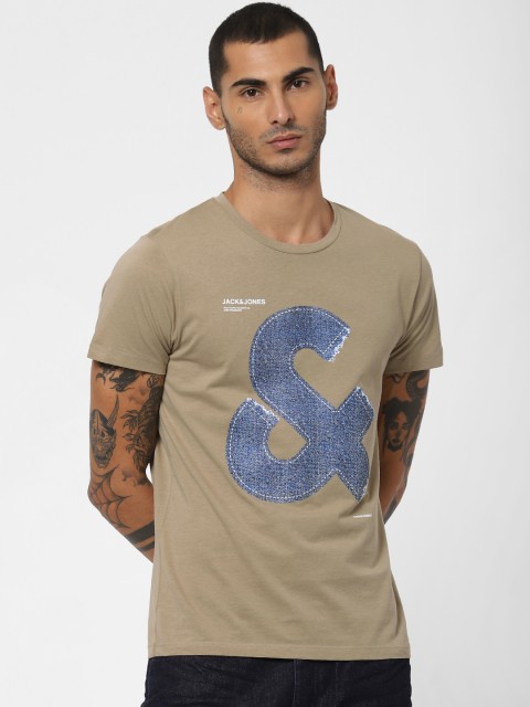 

Jack Jones Men Beige Navy Blue Slim Fit Printed Round Neck Pure Cotton T-shirt