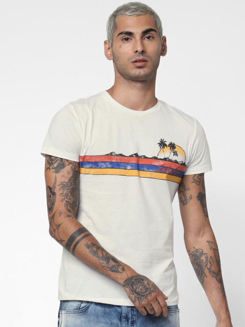 

Jack & Jones Men Off-White Slim Fit Striped Round Neck T-shirt
