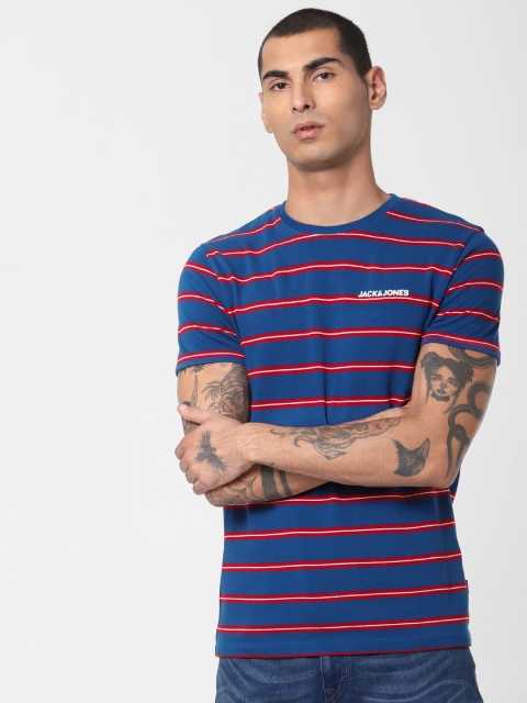 

Jack Jones Men Blue Striped Round Neck Pure Cotton T-shirt