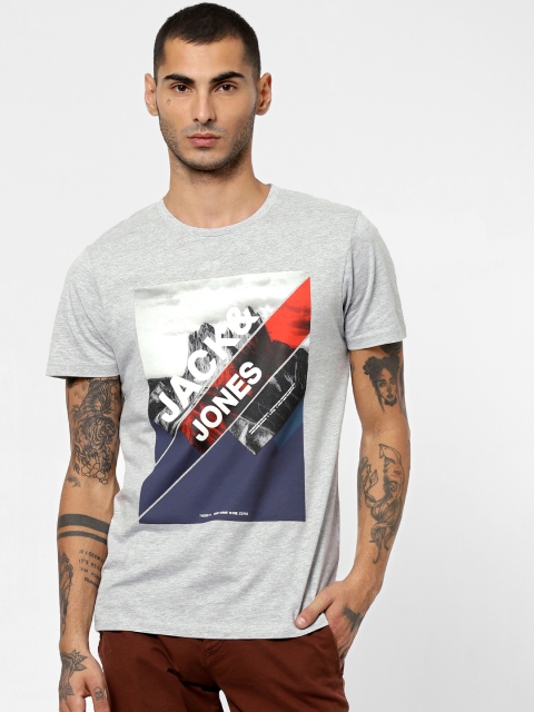 

Jack & Jones Men Grey Melange Slim Fit Printed Round Neck T-shirt